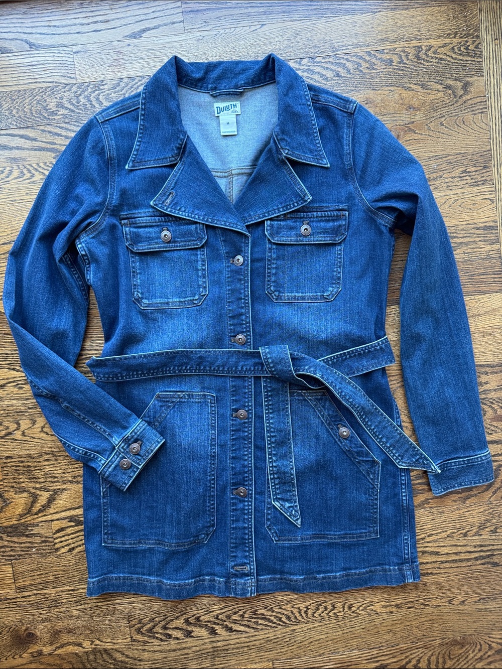 Duluth Trading Co Blue Denim Belted Trench Jacket with Belt M